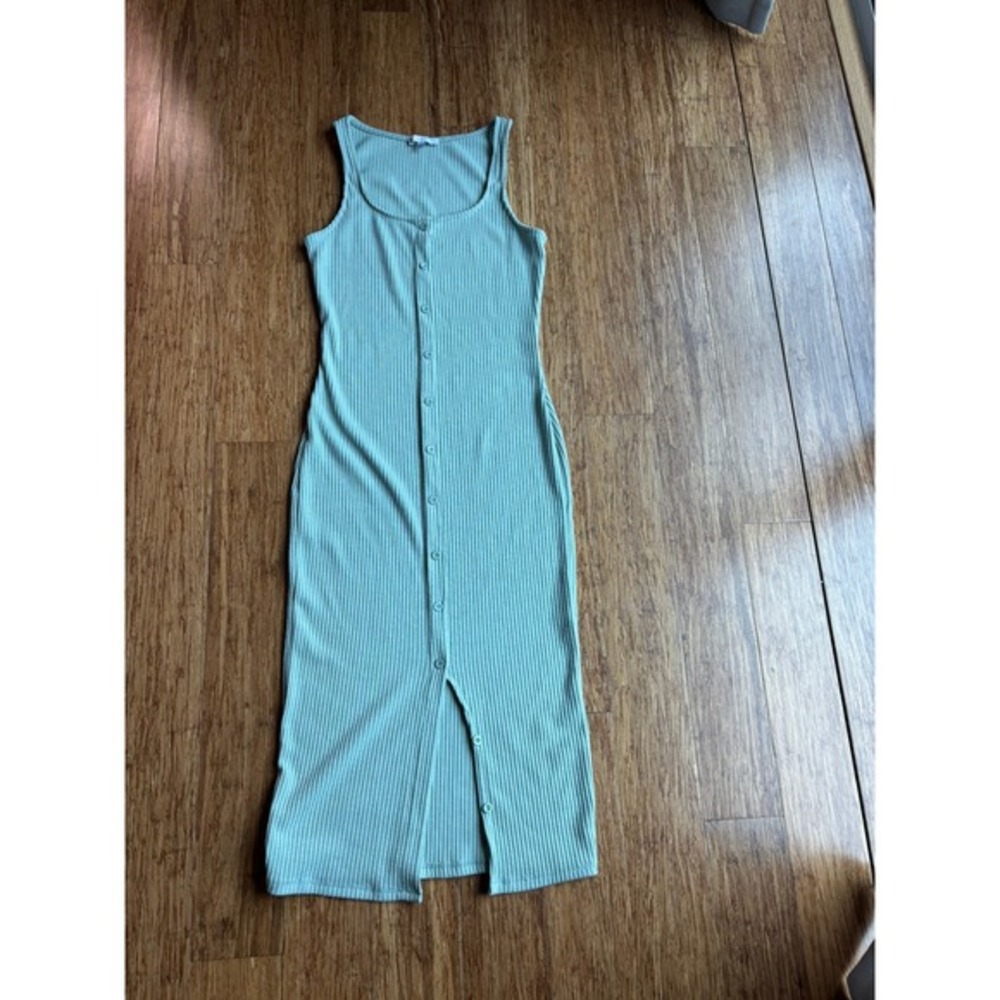 Iris Sage Green Ribbed Button Down Midi Dress Sleeveless Bodycon Small
